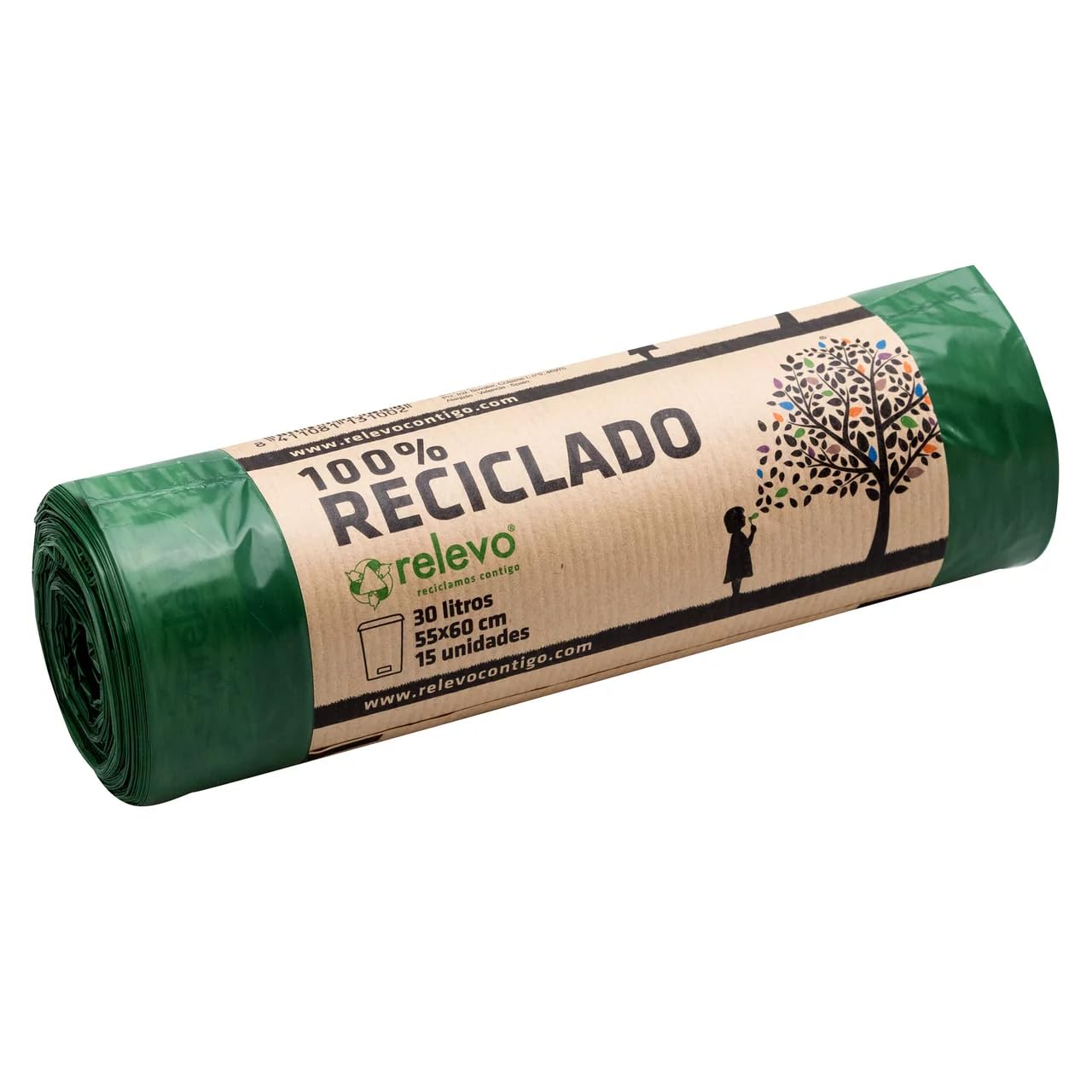 RELEVO - Bolsas de basura 100% recicladas, 30 L, 15 unidades, 6 unidades