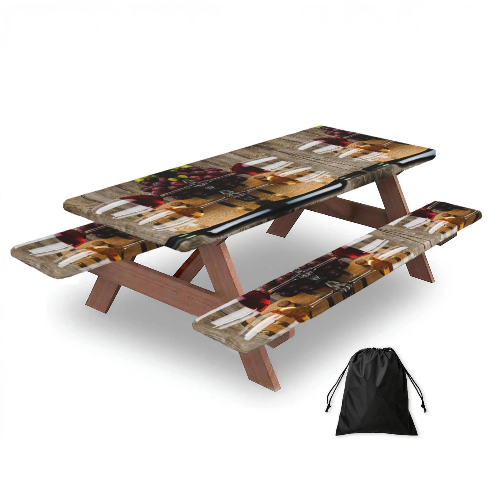 EZDLOWVBA Red Wine Galsses & Grapes With Wooden Print Picnic Table Cover With Bench Covers Waterproof Fitted Picnic Table Outdoor Elastic Picnic Tablecloth Outdoor Camping Essentials(3pcs)
