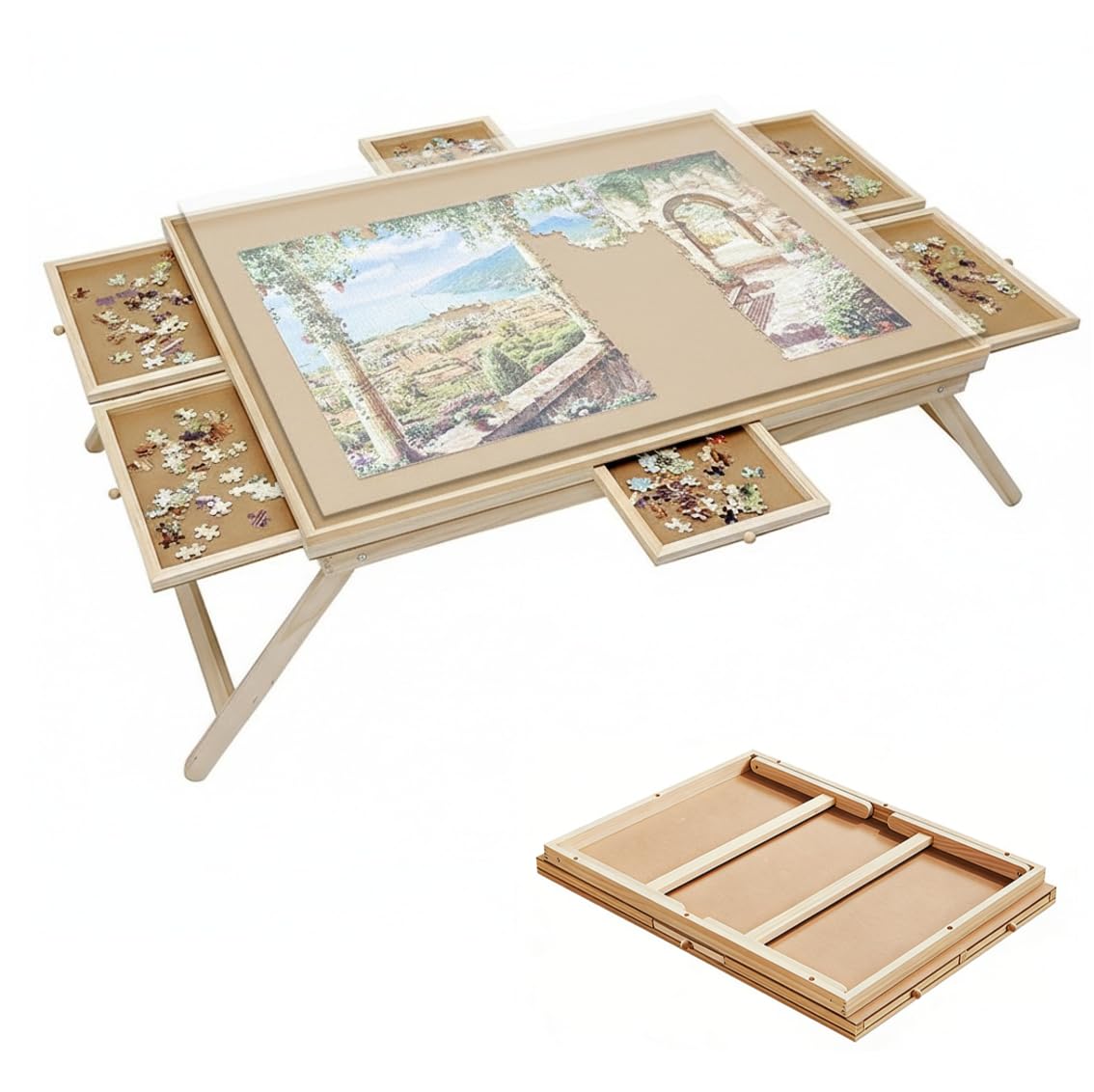 Foldable Jigsaw Puzzle Table、Jigsaw Table 1500 Piece with 6 Drawers，Wooden Puzzle Board，Portable Puzzle Easel with Folding Legs, Puzzle Tables for Adults