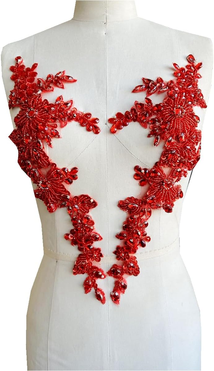 Handmade Rhinestones lace Trim Patches handsewing Beads Applique for Dress One Pair DIY Accessories (Red)
