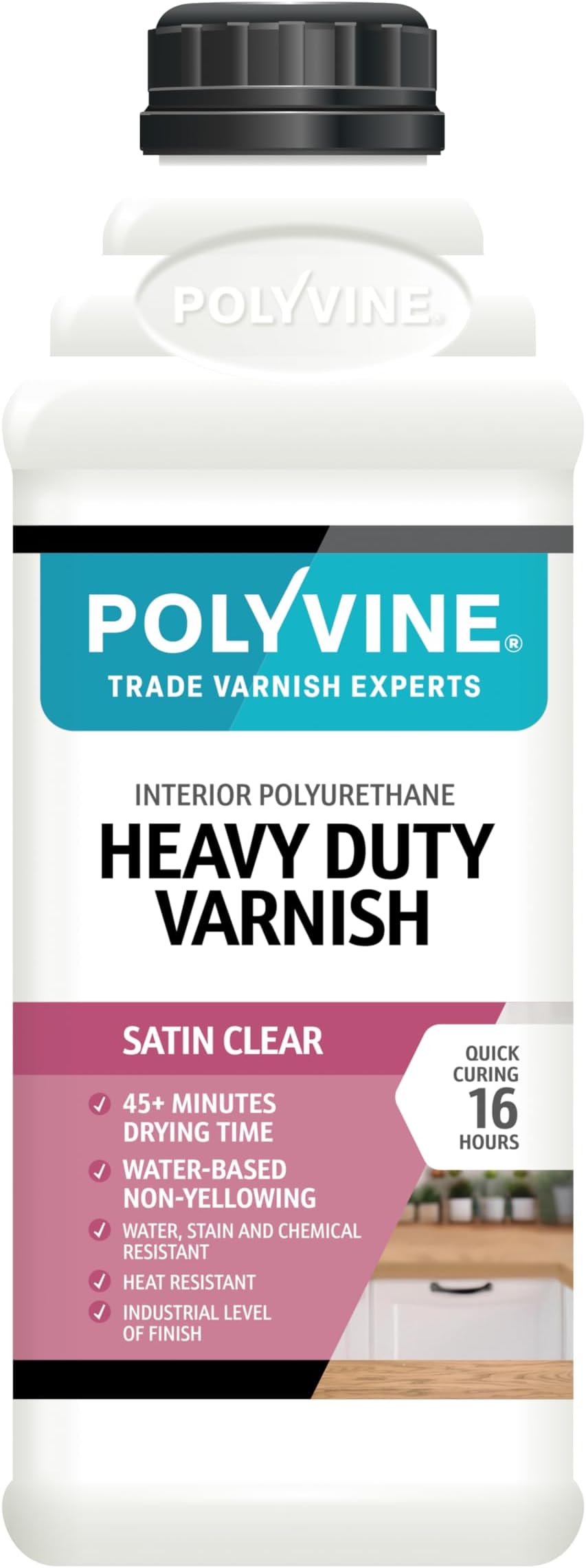 Polyvine Heavy Duty Interior Varnish Satin or Dead Flat Finishes – Quick Dry Varnish – Polyurethane, Water-Based, Water Resistant Coating for Indoor Woodwork, Painted Surfaces & More, Satin 1L