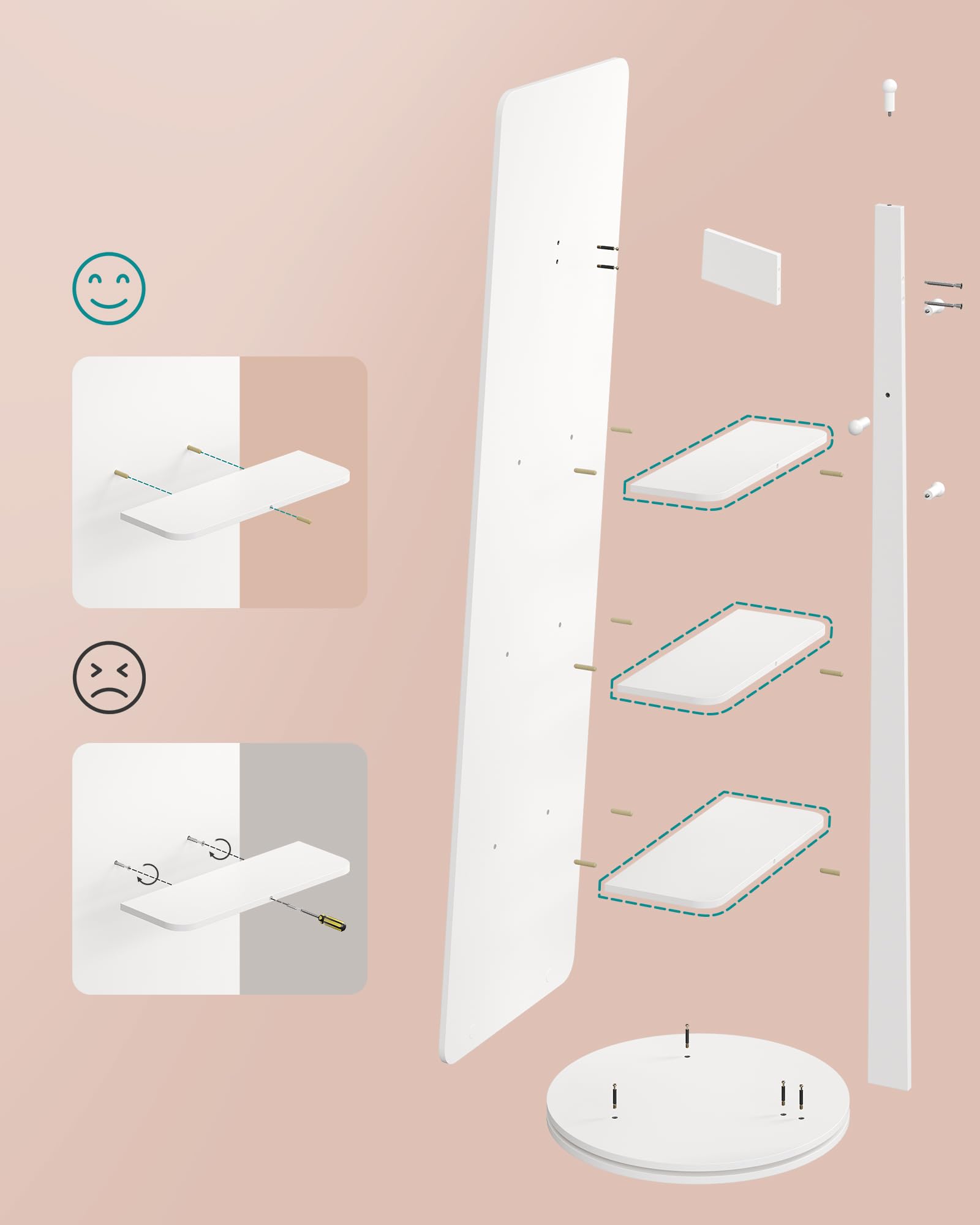 SONGMICS Lustro pełnowymiarowe, stojące, obrotowe 360°, 163 x 45 cm, z podstawą, półkami i haczykami, przezroczyste szkło hartowane, do sypialni, salonu, na Boże Narodzenie, białe chmurki LFM036W01