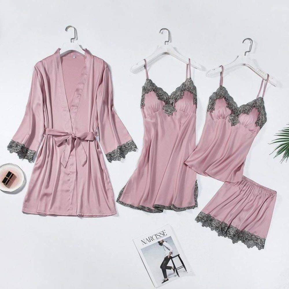 SDCVRE Pajama Set 4PCS Satin Sleepwear Lady Pajamas Suit Nighty&Robe Set Intimate Lingerie Casual Bridal Wedding Gift Homewear Nightgown,Pink 4PCS SuitB,M
