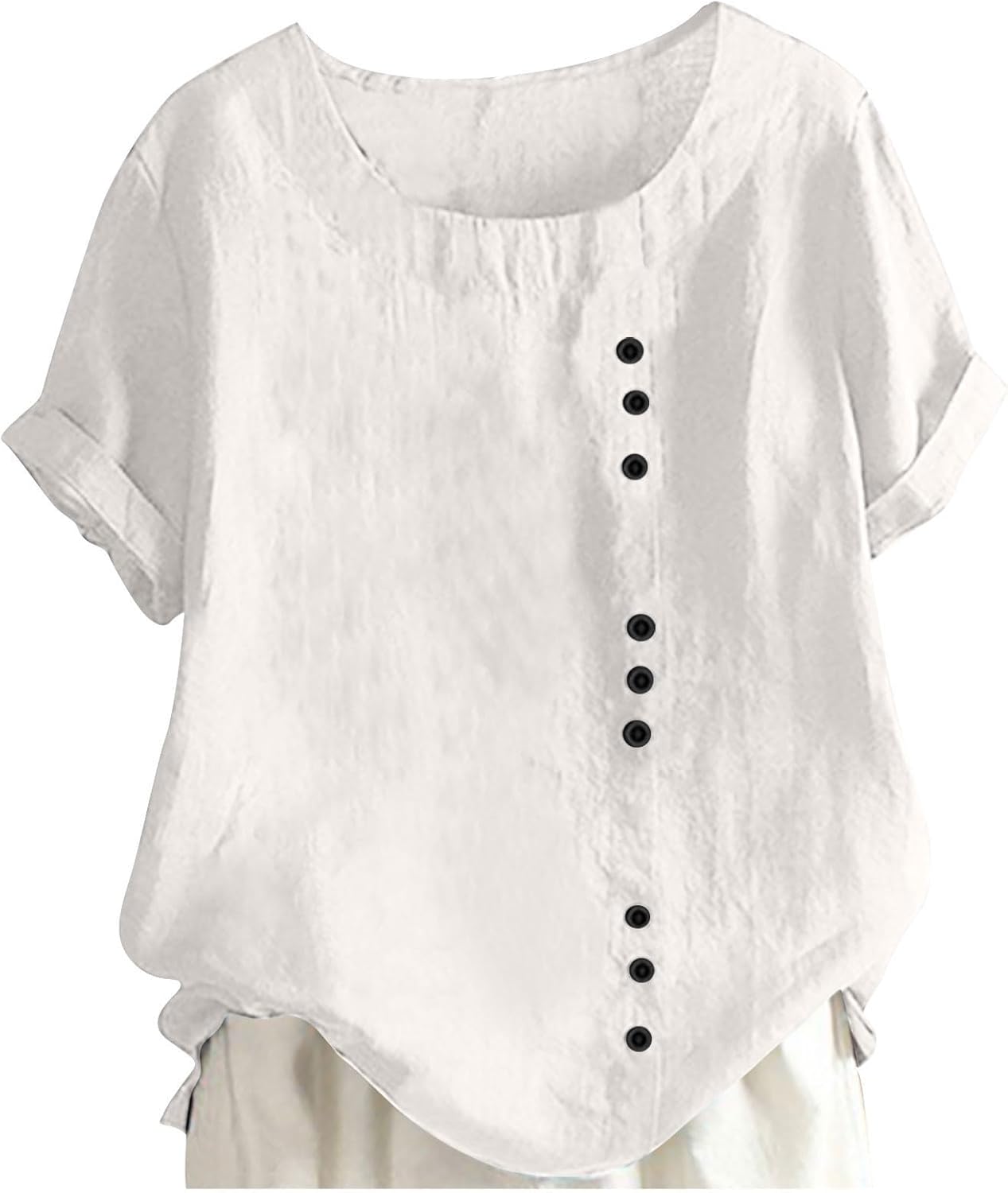 Cotton Linen T-Shirt for Girls Roll Up Short Sleeve Tops Oversized Tunic Blouse Trendy T-Shirt Boatneck Tees Linen Tops