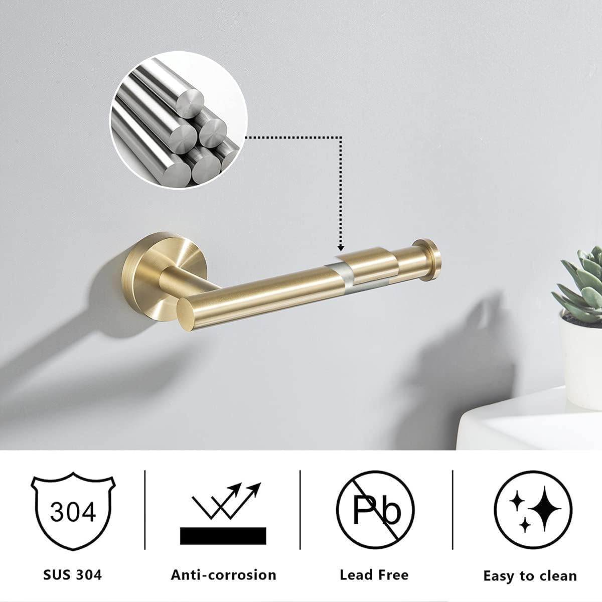 YUET Towel and Toilet Roll Holder Set Bathroom Accessory 2 Pieces Home Paper Tissue & Coat Hook Holders Bar Accessories SUS 304 Stainless Steel Hardware Wall Mounted Brushed Brass (Gold) - Image 4