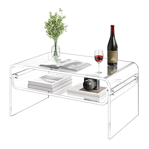Acrylic Coffee Table, Modern Waterfall Center Table with Open Storage