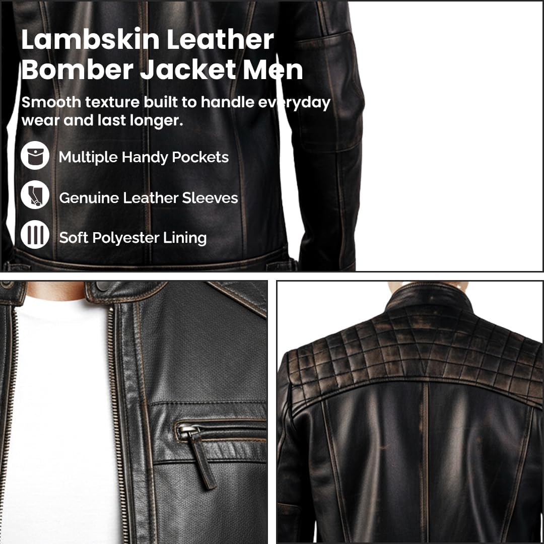 Diamond Style Men's Real Lambskin Leather Jacket - Casual Quilted Café Racer Vintage Motorcycle Jacket Men - Image 4