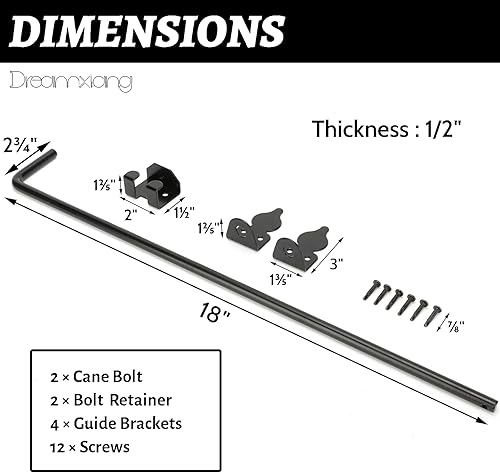 Miniatura 2 de Cerrojo de caña de alta resistencia de 18 pulgadas para cercas de madera, PVC, metal, puertas, puertas dobles, acero sólido negro, paquete de 2