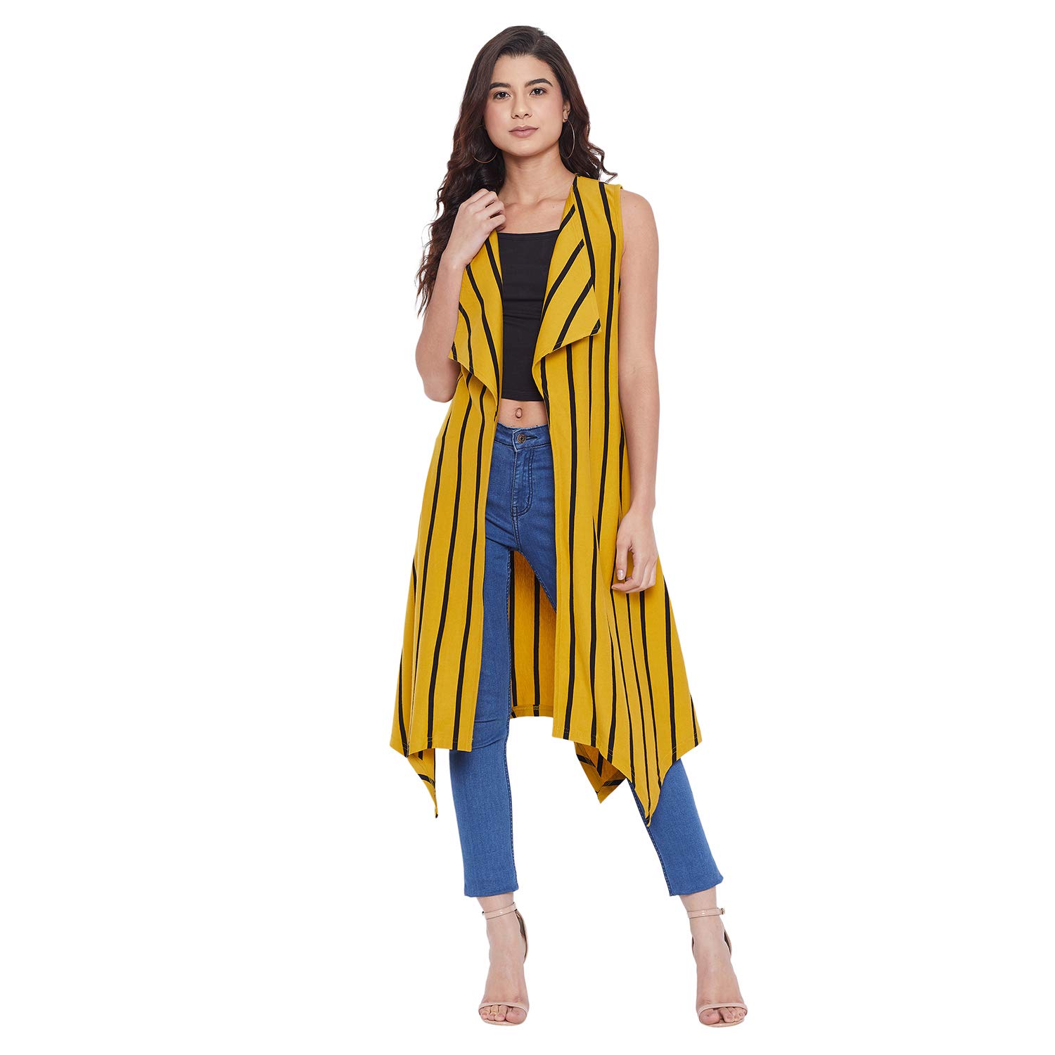 hypernation Yellow and Black Stripe Sleeveless Cotton Women's Shrugs(HYPW03037)-picture-16