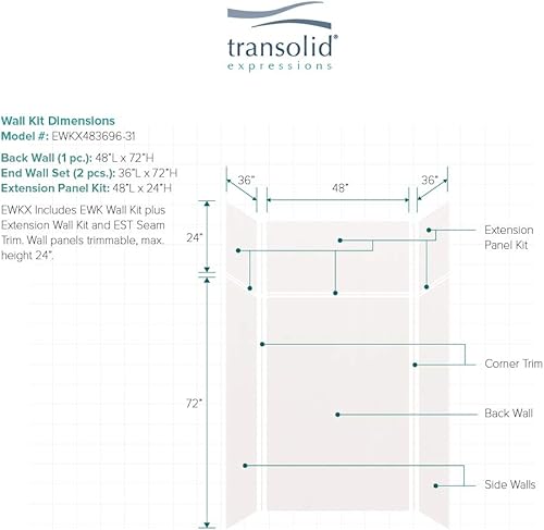 Miniatura 109 de Transolid EWKX483696-41 Expressions - Kit de pared de ducha de 6 paneles con extensión, 36 pulgadas de largo x 48 pulgadas de ancho x 96 pulgadas