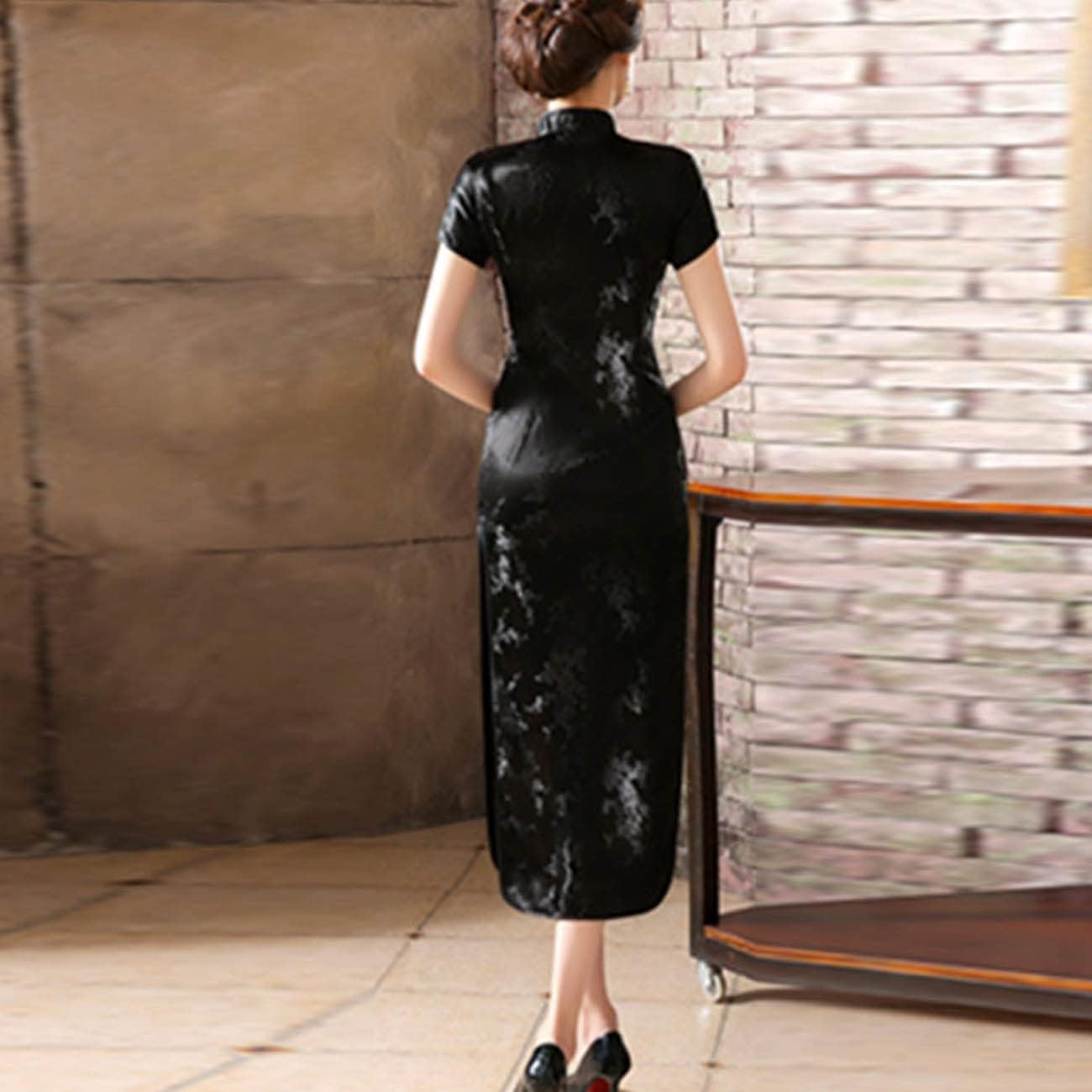 Vintage Short Sleeve Maxi Cheongsam Print High Slit Side Traditional Chinese New Year Party Bodycon Costume