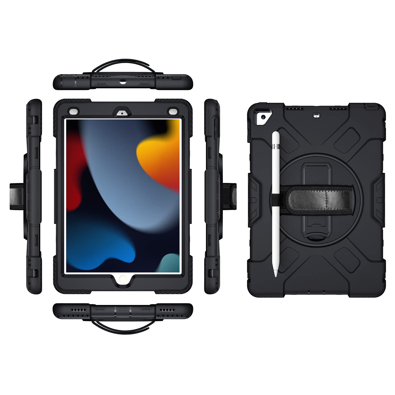 iPad 9.7 2017 2018/Pro9.7/Air2 Generation Case with Screen Protector Pencil Holder Kickstand 360 Rotating Hand Strap Hand Strap Kickstand Robust Protective Case (Black)