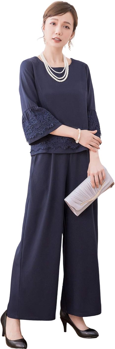 Amazon パーティードレス レディース ドレス パンツドレス 結婚式 同窓会 二次会 お呼ばれ フォーマル レース セットアップ バックゴム ファスナーなし サイドポケット 袖コンシャス クラシカル エレガント 上品 袖フレア イブニングドレス 通販