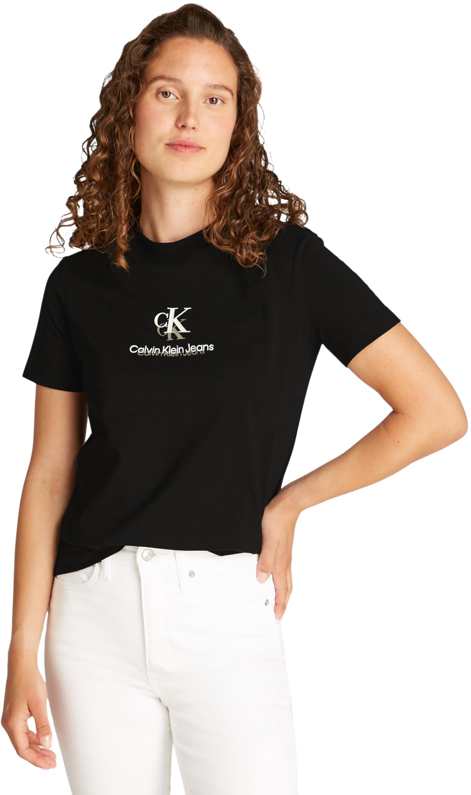 Calvin Klein Women’s Short Sleeve Shadow Graphic Regular Fit T-Shirt, Black (Ck Black), XXS