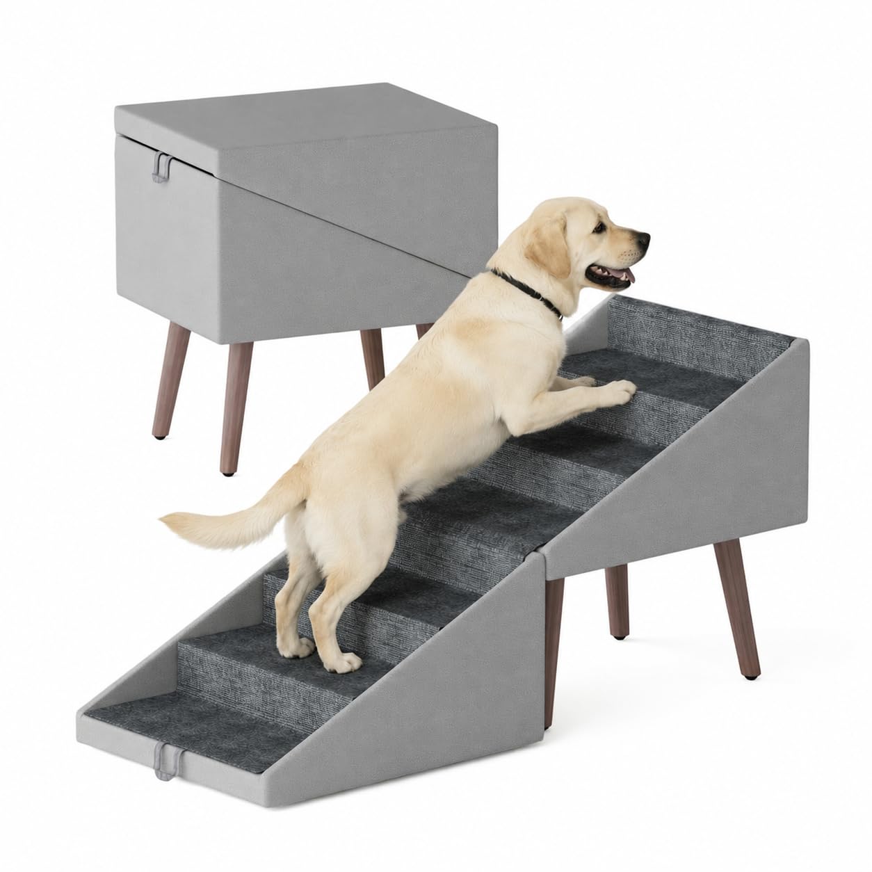 2 in 1 Dog Stairs Steps 23.6" High Non-Slip Wooden Ottoman Dog Ramp for Couch & Bed Furniture, with 6 Steps Pet Stairs for Puppy Cat Senior Injured Pets (Gray)
