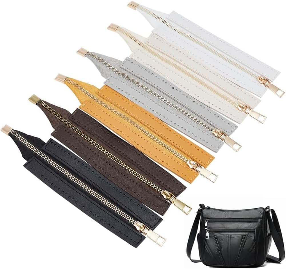 WADORN 4 Colors PU Leather Zipper, 7 Inch Woven Bag Metal Zipper Metal Zippers Bulk Close End with PU Leather Frame for DIY Crochet Purse Sewing Jeans Handicraft Accessories