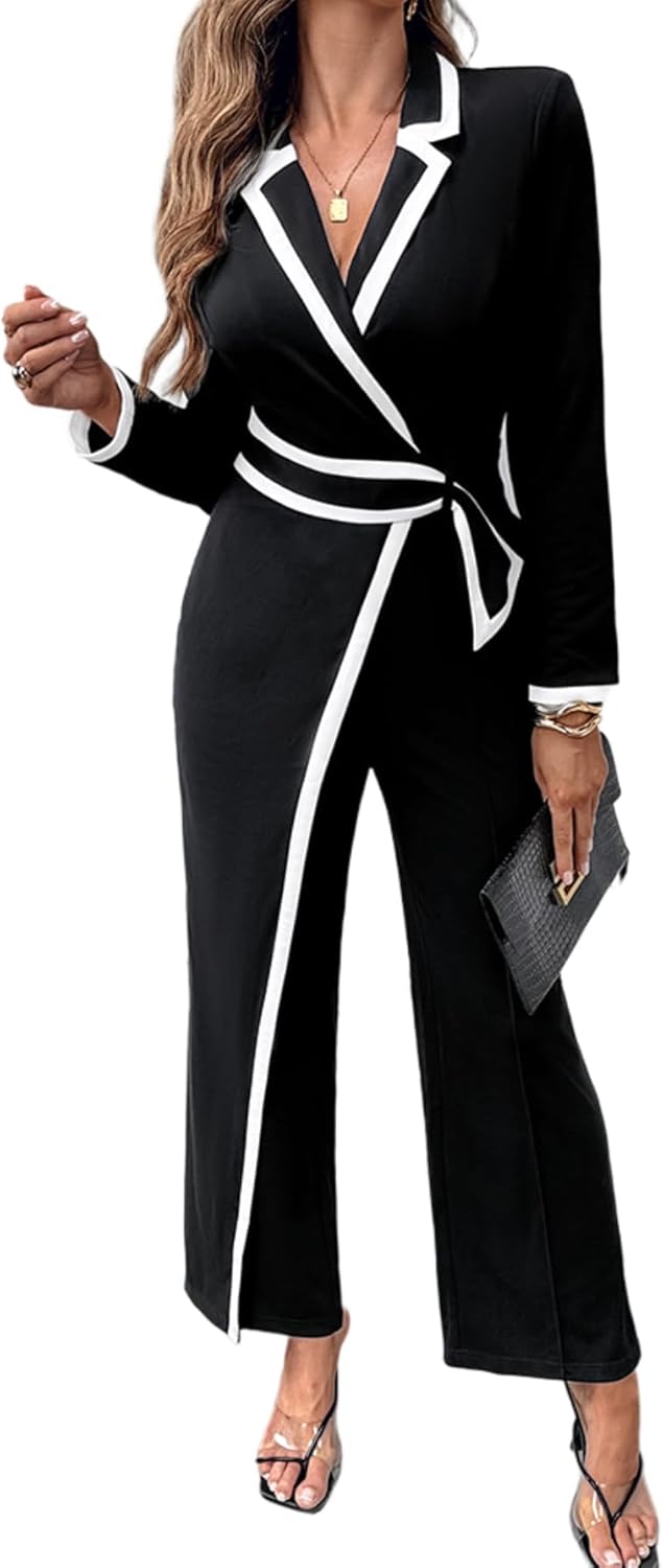 CHICME Wrap Front Jumpsuits for Women Contrast Paneled Long Sleeve Notched Collar Padded Shoulders Casual Jumpsuit