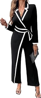 Wrap Front Jumpsuits for Women 2025 Contrast Paneled Long Sleeve Notched...