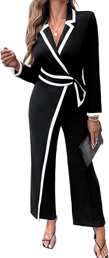 CHICME Wrap Front Jumpsuits for Women Contrast Paneled Long Sleeve Notched Collar Padded Shoulders Casual Jumpsuit