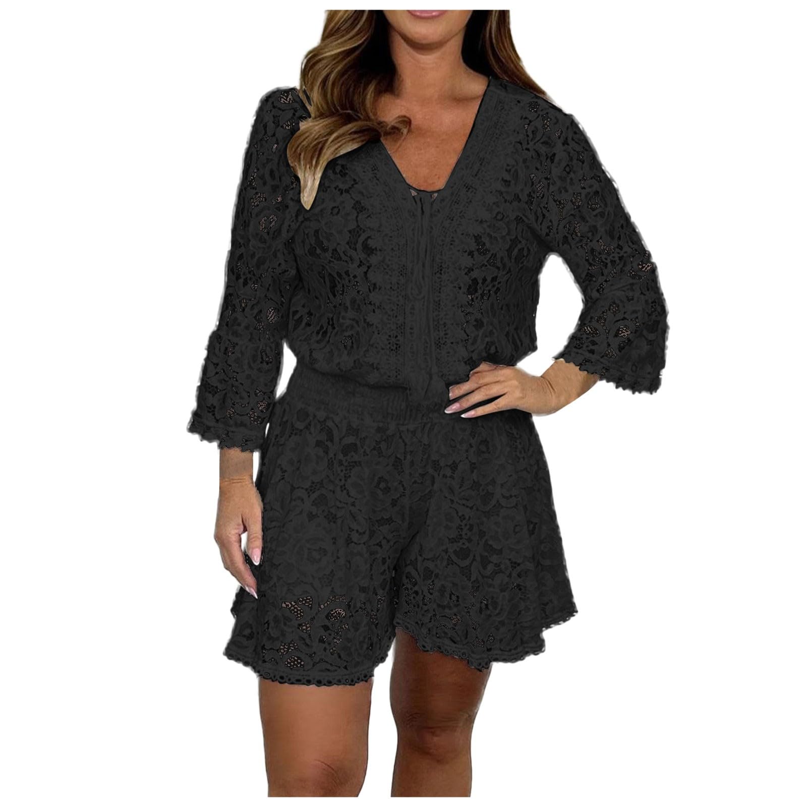 Generic 2024 - Conjunto de dos piezas de encaje para mujer, sexy, cuello en V, mangas acampanadas, pantalones cortos, elegantes bordados huecos, trajes de fiesta, calcetines para niña