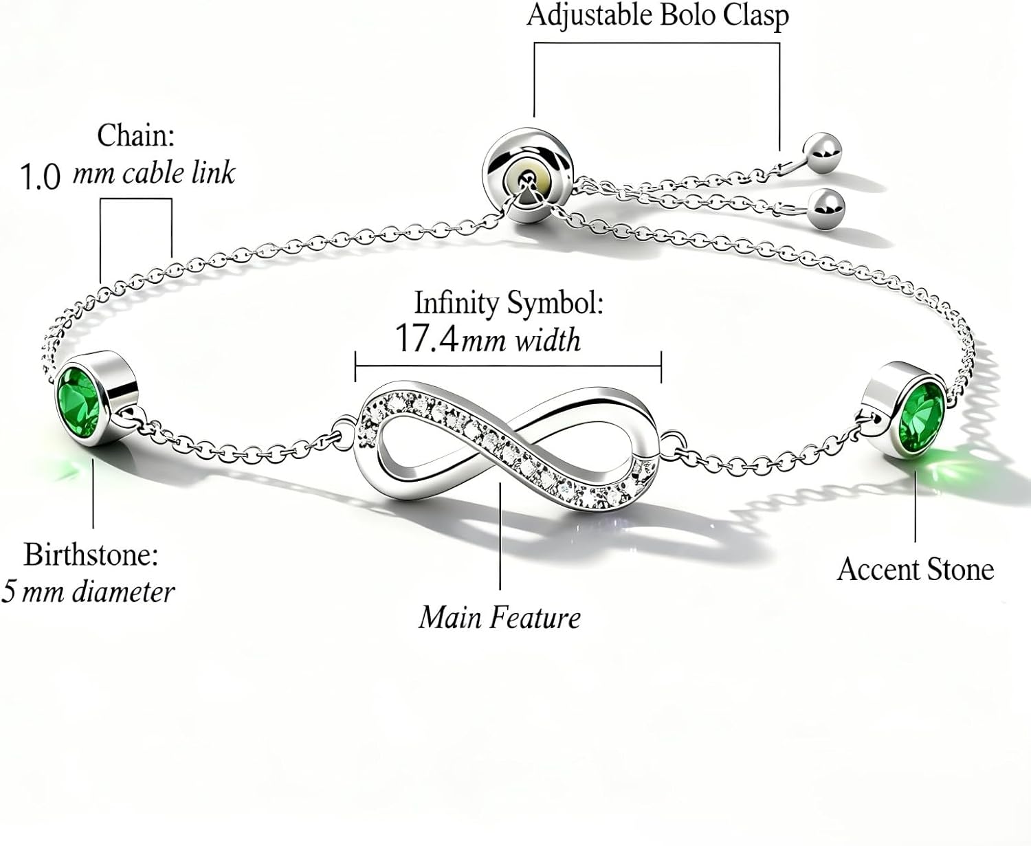 Infinity Birthstone Chain Link Bracelet for Women, Adjustable S925 Sterling Silver Slide Bracelet with Couple Birthstone Jewelry Birthday Anniversary Christmas Gifts for Mother Wife - Image 6