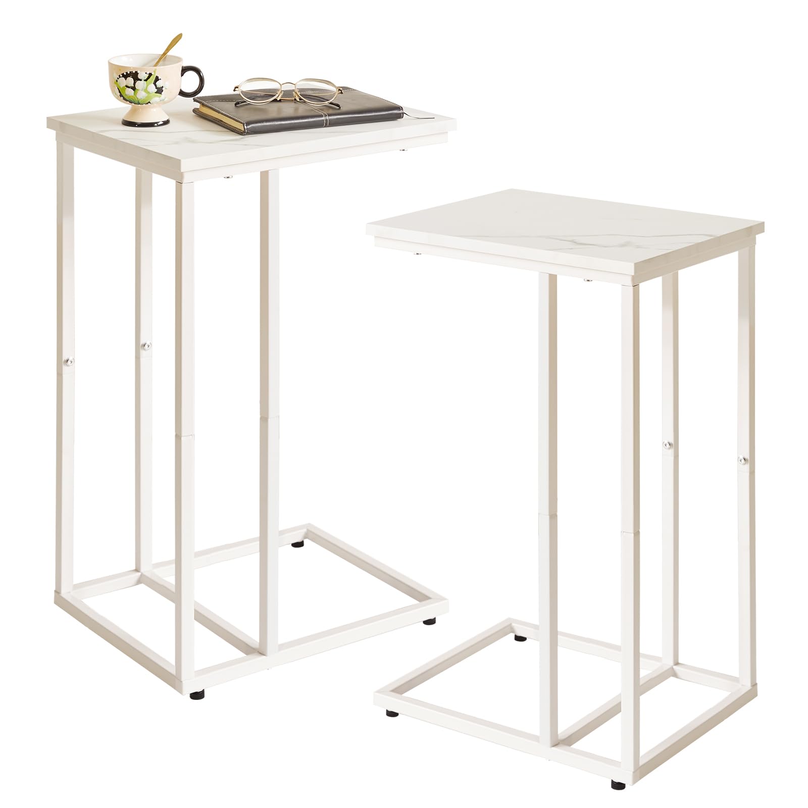 Aibiju Set of 2 Sofa Side Table,C Shaped End Table, Snack Coffee Laptop Desk with Metal Frame for Office, Living Room, Bedroom, White Faux Marble and White Metal Frame, YD-TM051W-2