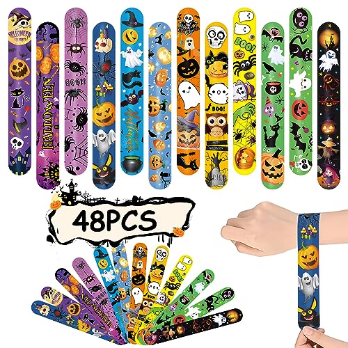 48 Pieces Halloween Slap Bracelets Bulk Party Favors for Kids - 12 Designs Snap Bracelets for Halloween Decorations Halloween Goodie Treat Bag Stuffers Classroom Prizes Exchanging Gifts Supplies