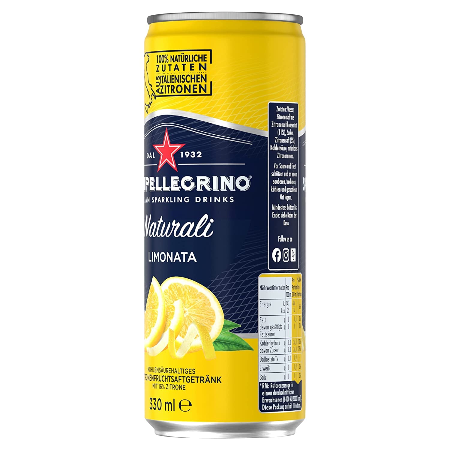 48x San Pellegrino Limonata Limonade 100% Natürliche Inhaltsstoffe Alkoholfreies Getränk Kohlensäurehaltiges Erfrischungsgetränk auf Basis von Zitronensaft 16% Einwegdose 330ml