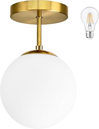 Gold Globe Semi Flush Mount Ceiling Light,Mid Century Modern Light Fixture Ceiling,Globe Ceiling Light for Hallway Living Room Kitchen Bedroom Storage Schoolhouse LaundryBulb Incl.