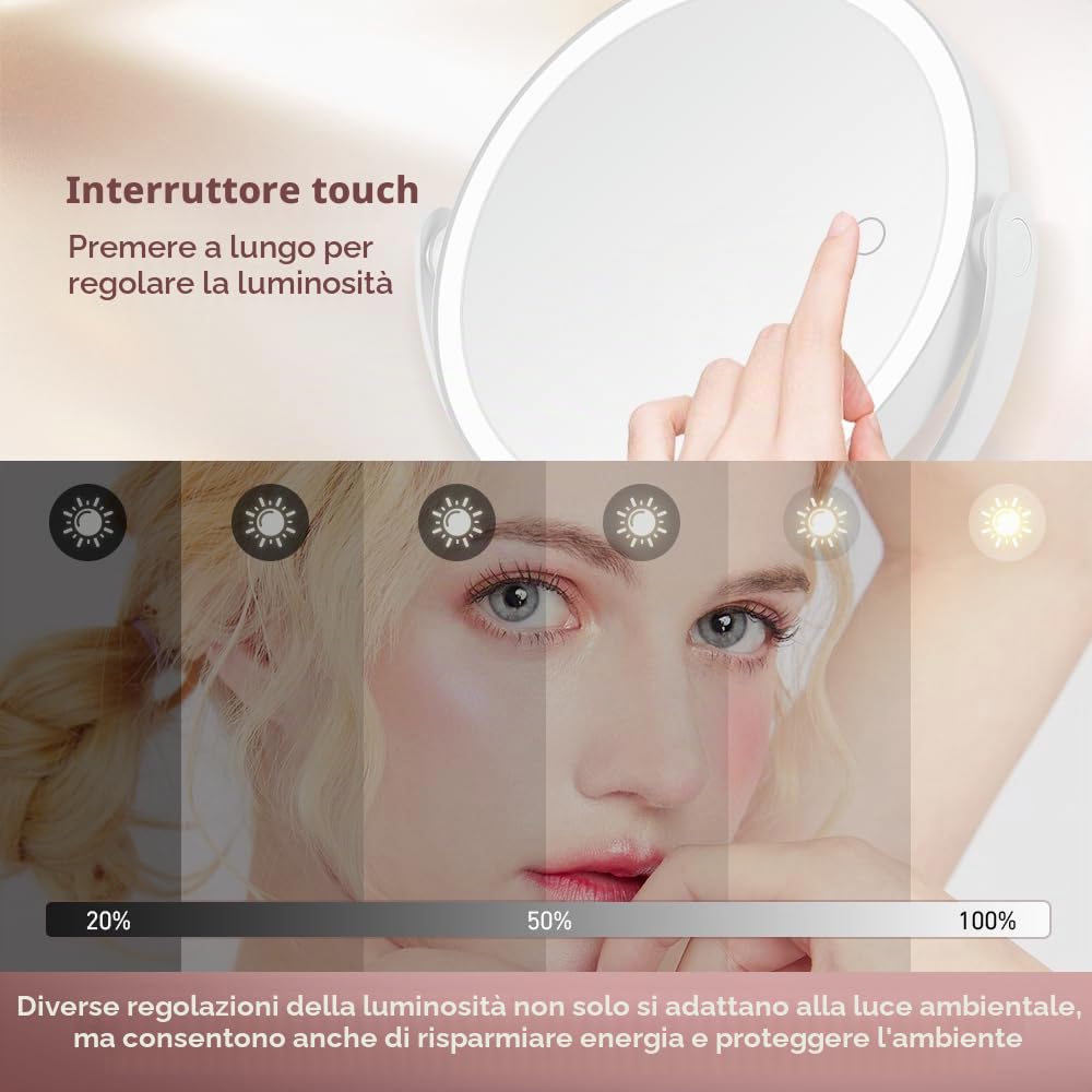 Specchio da trucco con illuminazione, specchio ingranditore 20x con 3 luci colorate, specchio cosmetico con ingrandimento con interruttore bifacciale, specchio ingranditore con luce per camera da