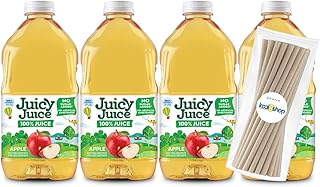 Apple 100% Juice Vitamin C No Sugar Added 64 fl oz Plastic Bottle 4 Pack + 15 Sugarcane Disposable Straws by KOOL8SHOP Infinite Deals