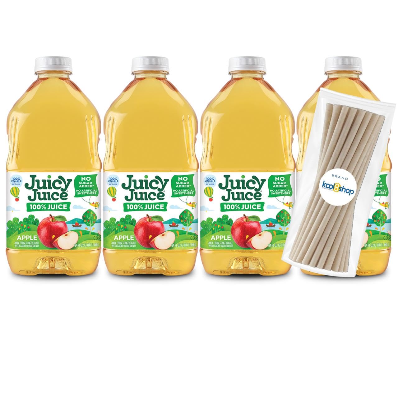 Juicy Juice Cherry 100% Juice Vitamin C No Sugar Added 64 fl oz Plastic Bottle 4 Pack + 15 Sugarcane Disposable Straws by KOOL8SHOP Infinite Deals