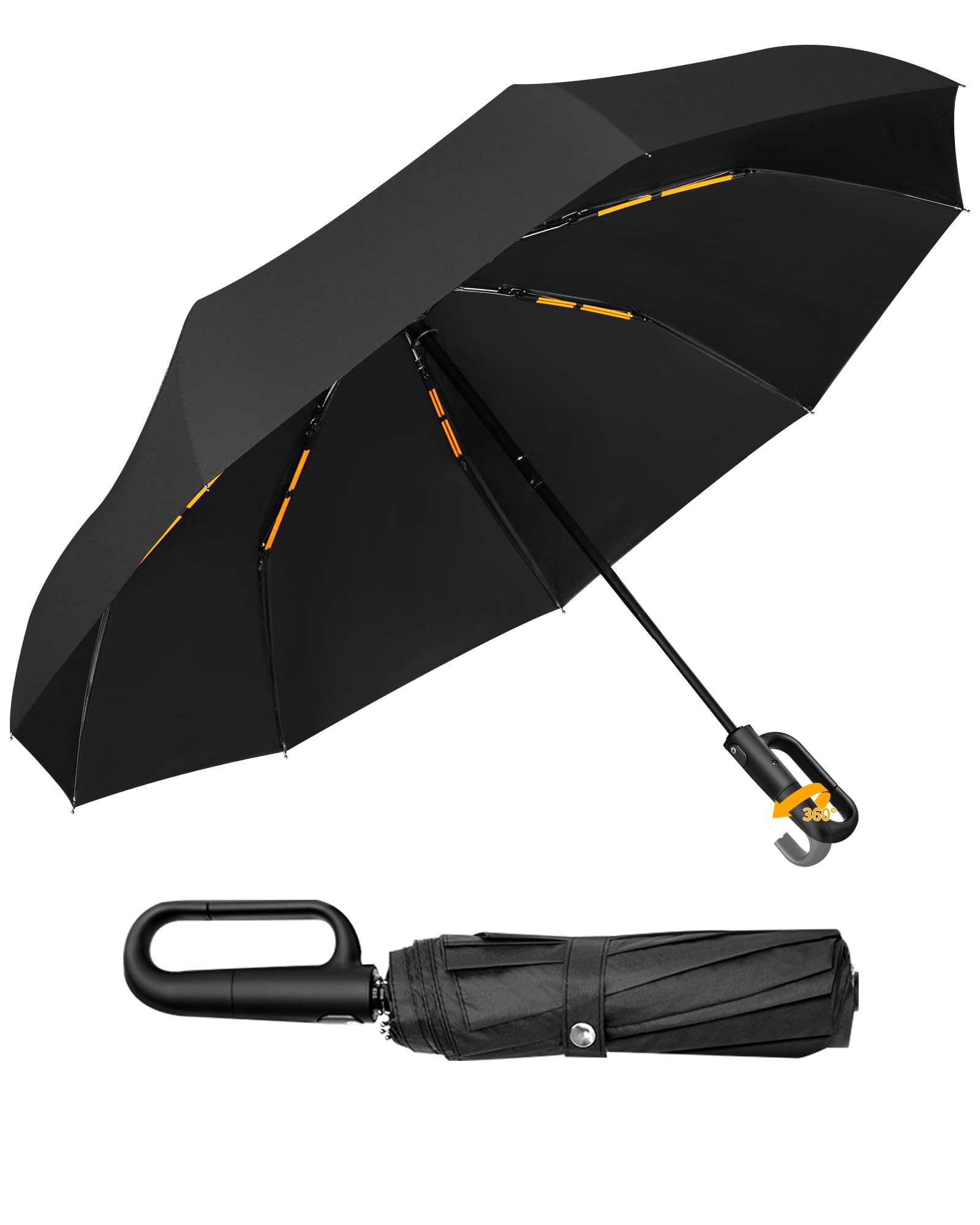 KLYOZO Automatic Windproof Umbrella with Carabiner Handle, 50 Ribs Heavy-Duty Travel Umbrella for Rain Storm, Compact Auto Open Close for Women Men