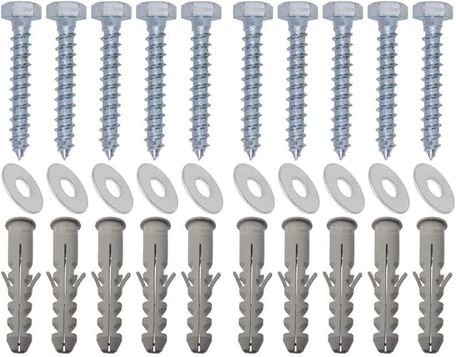 Auline M8 x 60mm Masonry Brick Wall Fixing Screw Bolts with Plugs & Washers for Aerial Satellite Sky Dish TV Bracket Fence Shelves Mounting (Pack of 10)