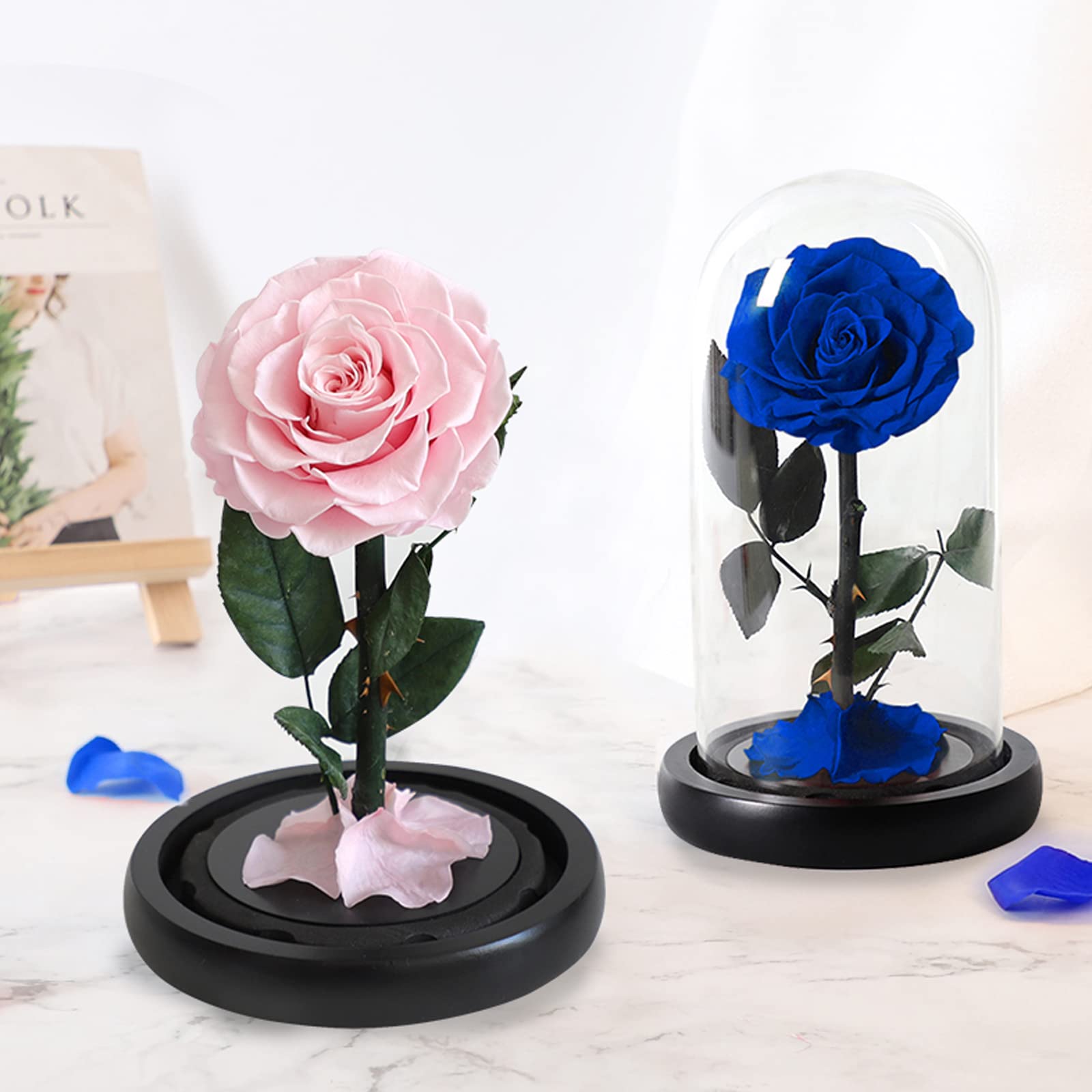 NBEADS Eternal Flower Glass Display Dome Cloche, Glass Display with Wood Pedestal Bell Jar Cloche for Valentine's Day Mother's Day Flower Decorations Crafts, Black Base