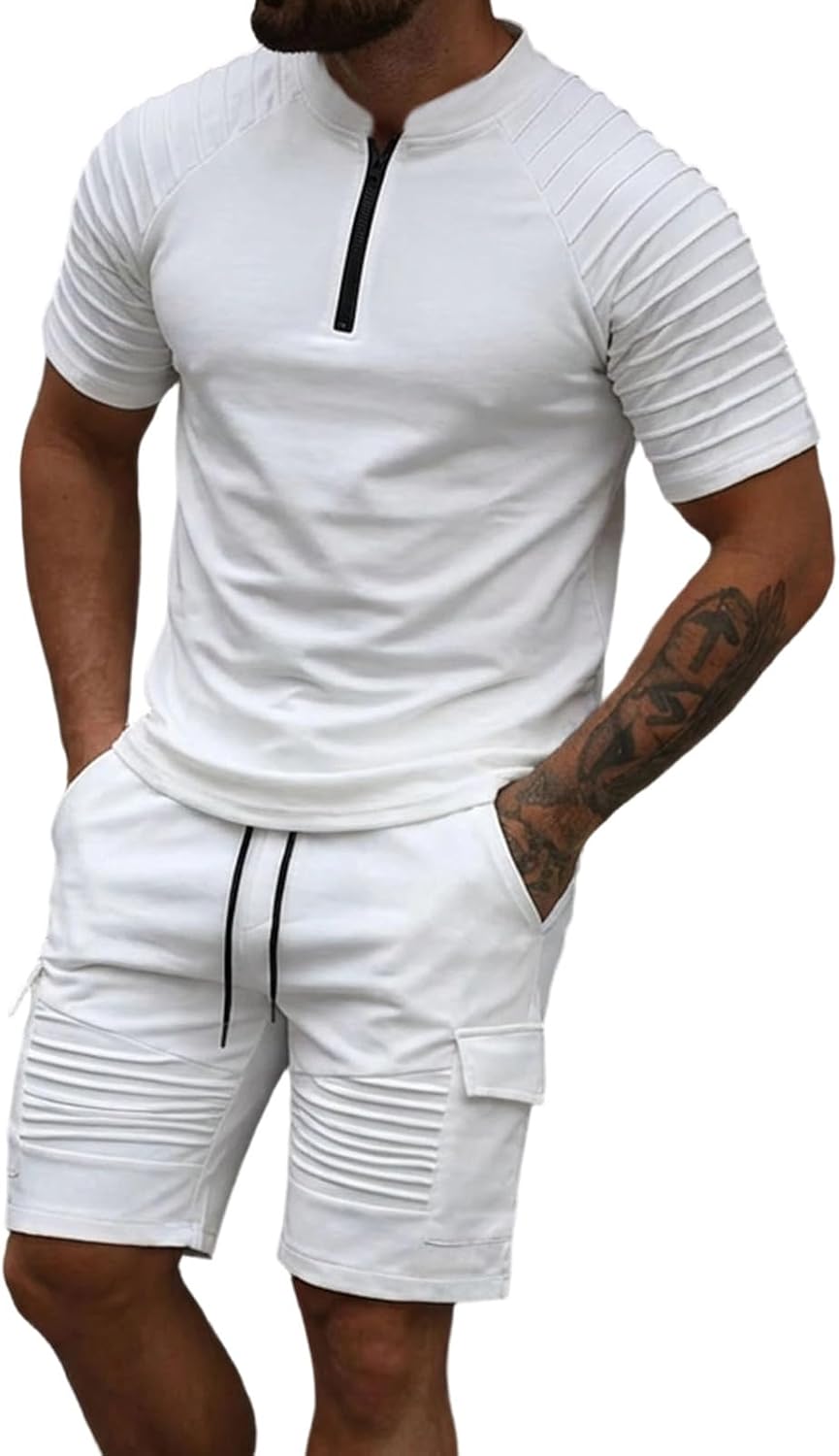 Cambkatl Men's Summer 2 Piece Outfits, Half Zip Stand Collar Muscle Shirts & Pleated Cargo Shorts Tracksuit Sets with Pockets