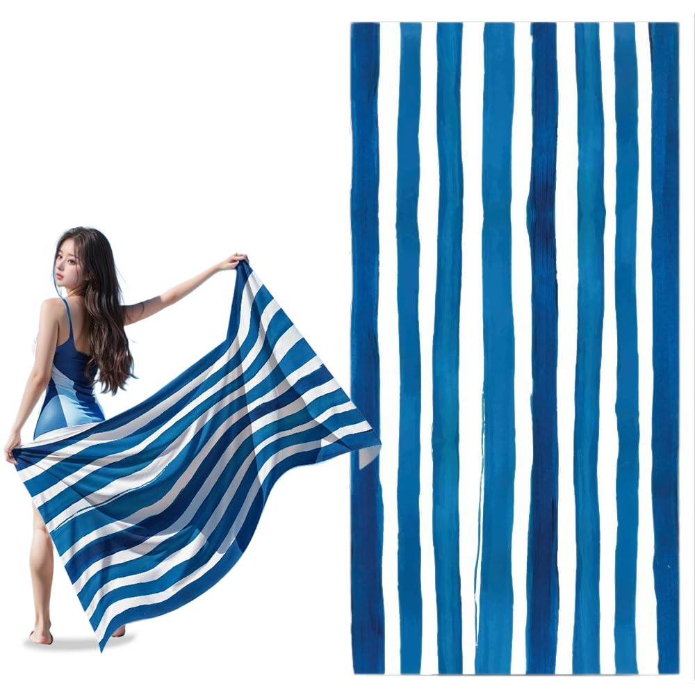 Bmeigo Beach Towel Microfibre for Adults - Oversized 160x80cm Soft Absorbant Beach Towels Striped Anti-UV Lightweight Sand Free for Beach Swimming Pool Camping Travel Gym (Blue)