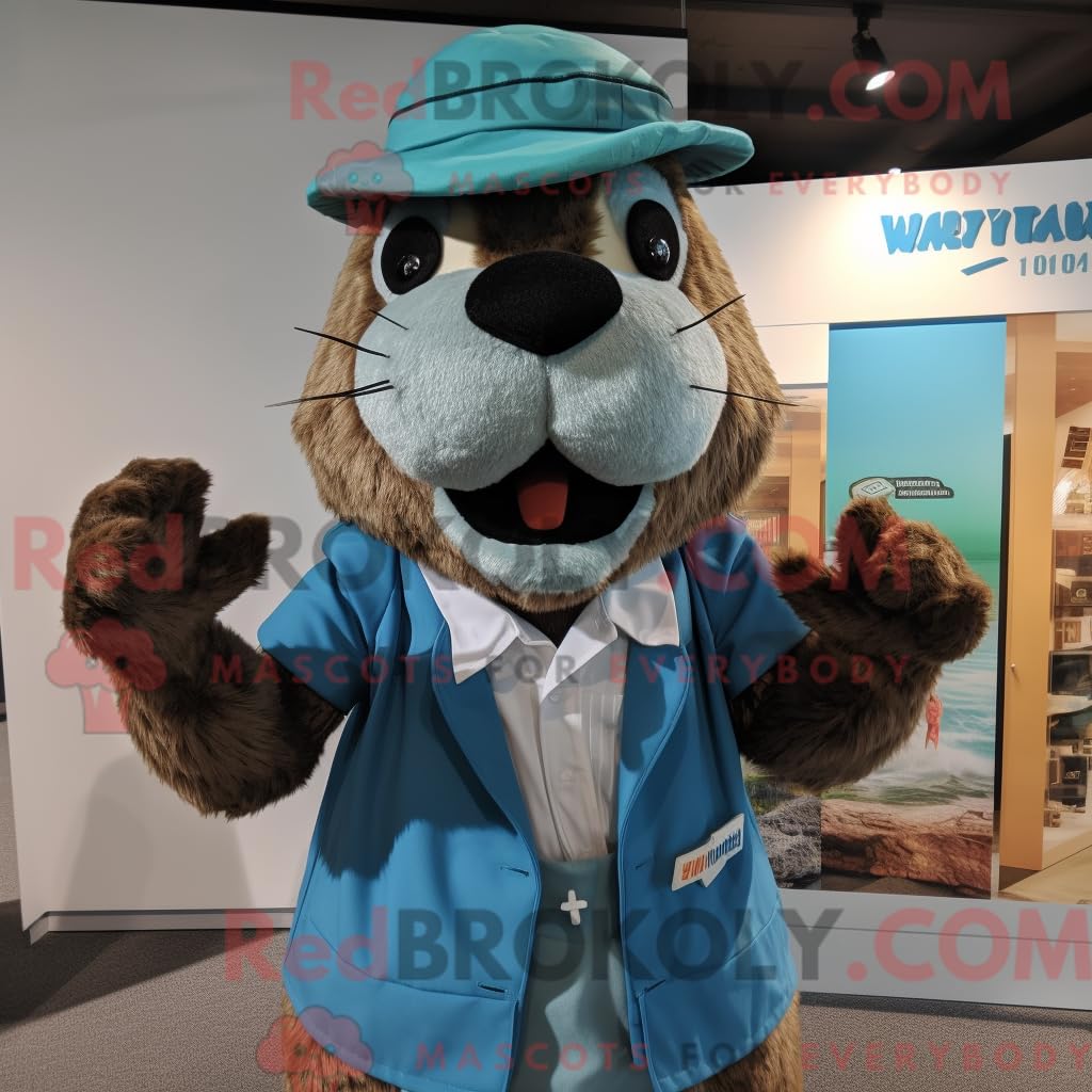 Blaugrünes Biber-Maskottchen-Kostüm, gekleidet mit Weste und Mützen