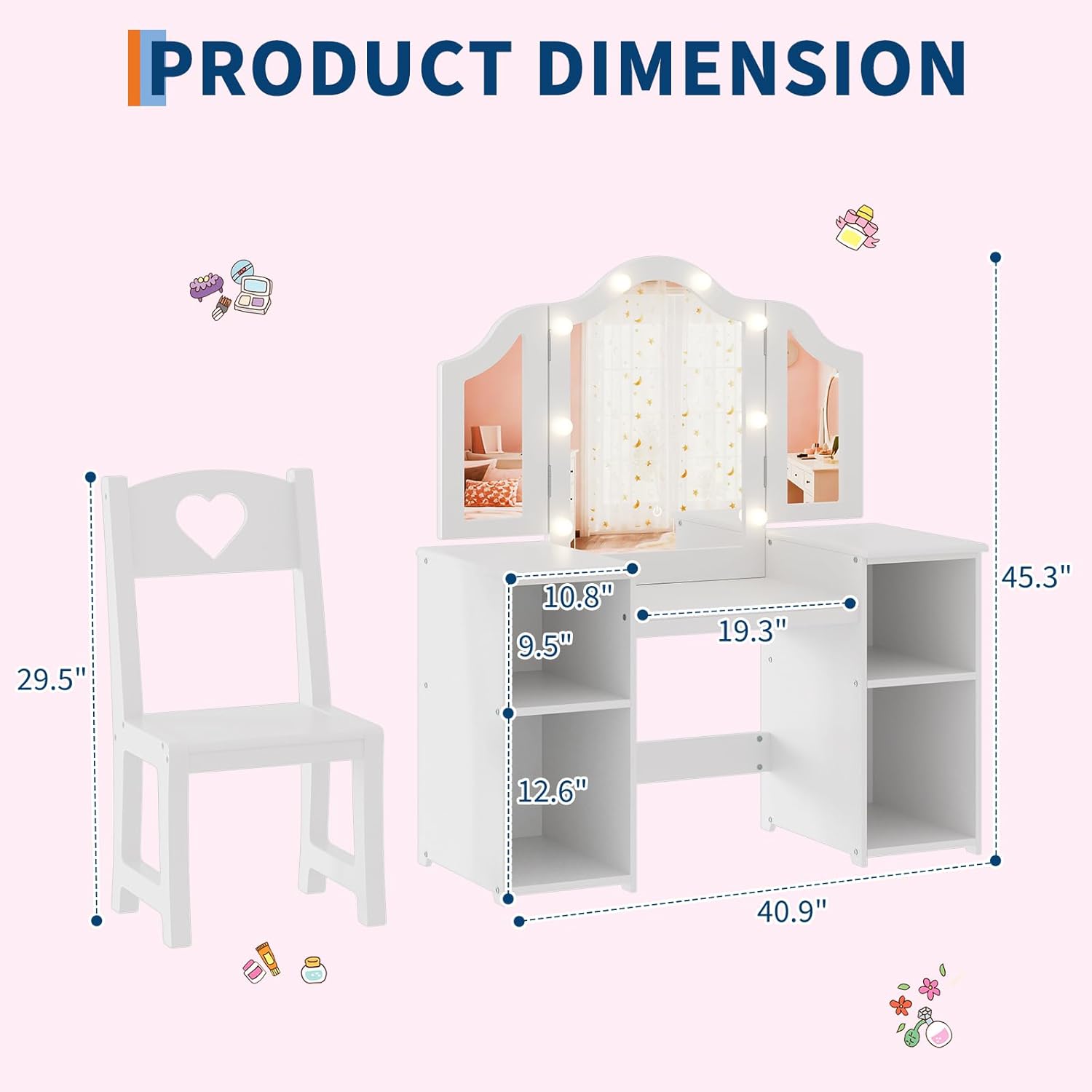 Kids Vanity Table, Girls 2 in 1 Princess Makeup Desk with Touch Light Detachable Tri-Folding Mirror, Open Storage Shelves, Wood Makeup Playset with Chair, Princess Vanity Table for Little Girls