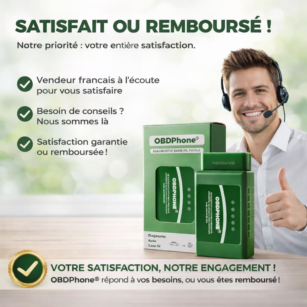 Lecteur OBD2 Bluetooth OBDPhone® - Valise Diagnostic Voiture Multimarque - Lecture & Effacement Codes Défaut Moteur - Données du Moteur en Direct - iOS & Android - Support Français 24/7 + Offre IA