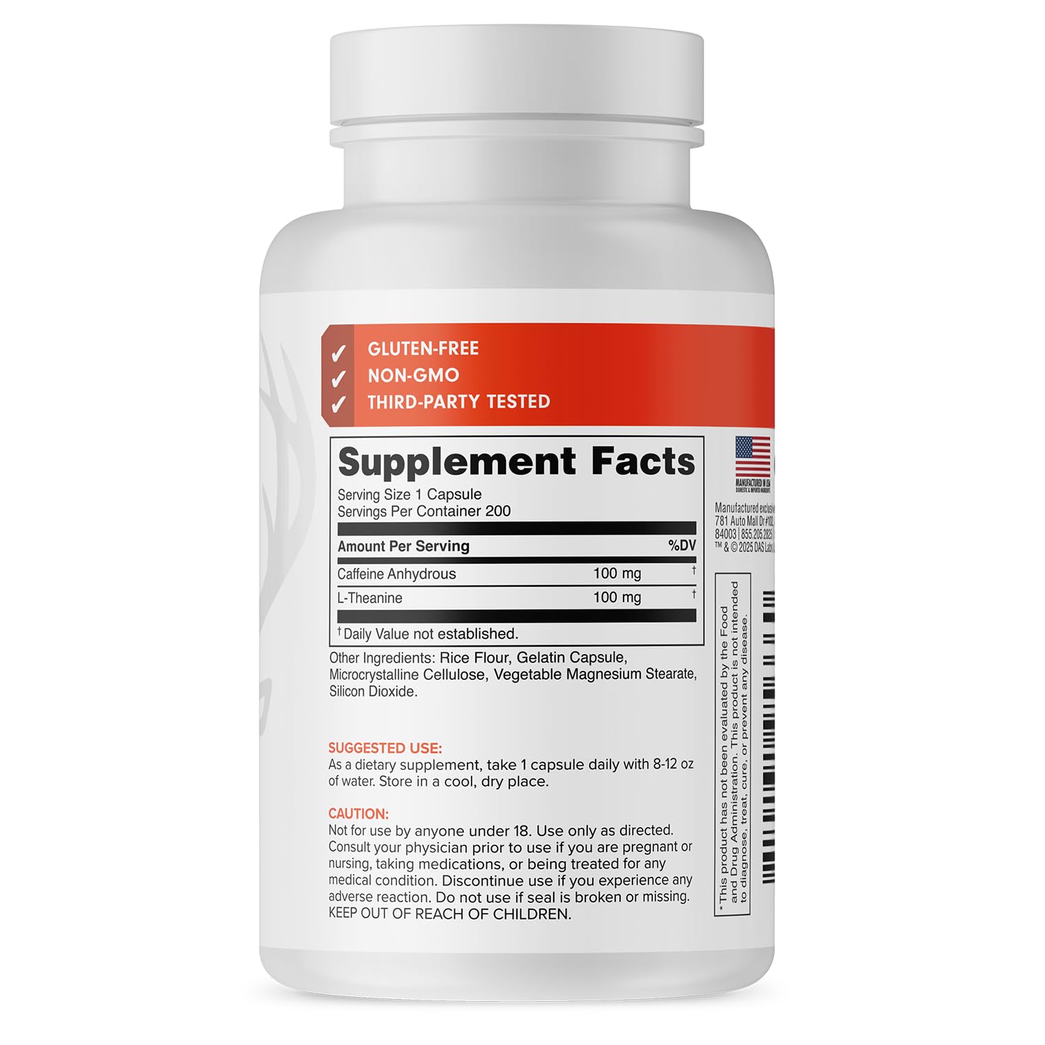 Bucked Up Caffeine with L-Theanine | 100mg Caffeine + 100mg L-Theanine per Serving | Non-GMO | Gluten-Free | Third-Party Tested Energy Support Supplement - 200 Servings (200 Capsules) — Amazon image 3