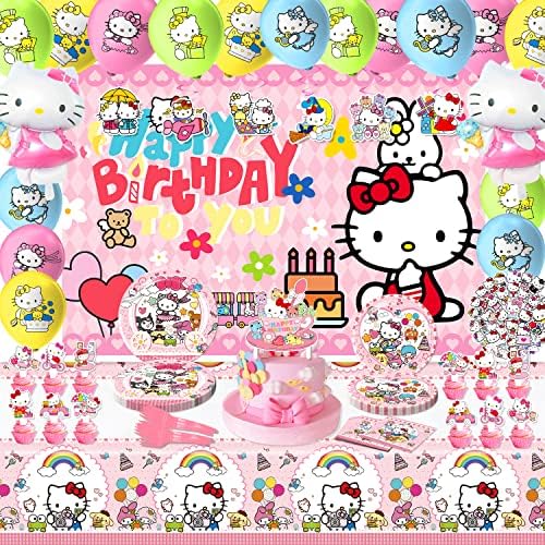 Cartoon Cat Birthday Party Decorations, 145 PCS Pink Cartoon Kitten Birthday Party Supplies, Include Cartoon Cat Birthday Banner, Kitten Cake Toppers, Kawaii Cat Ballons, Plates, Designed for Girls