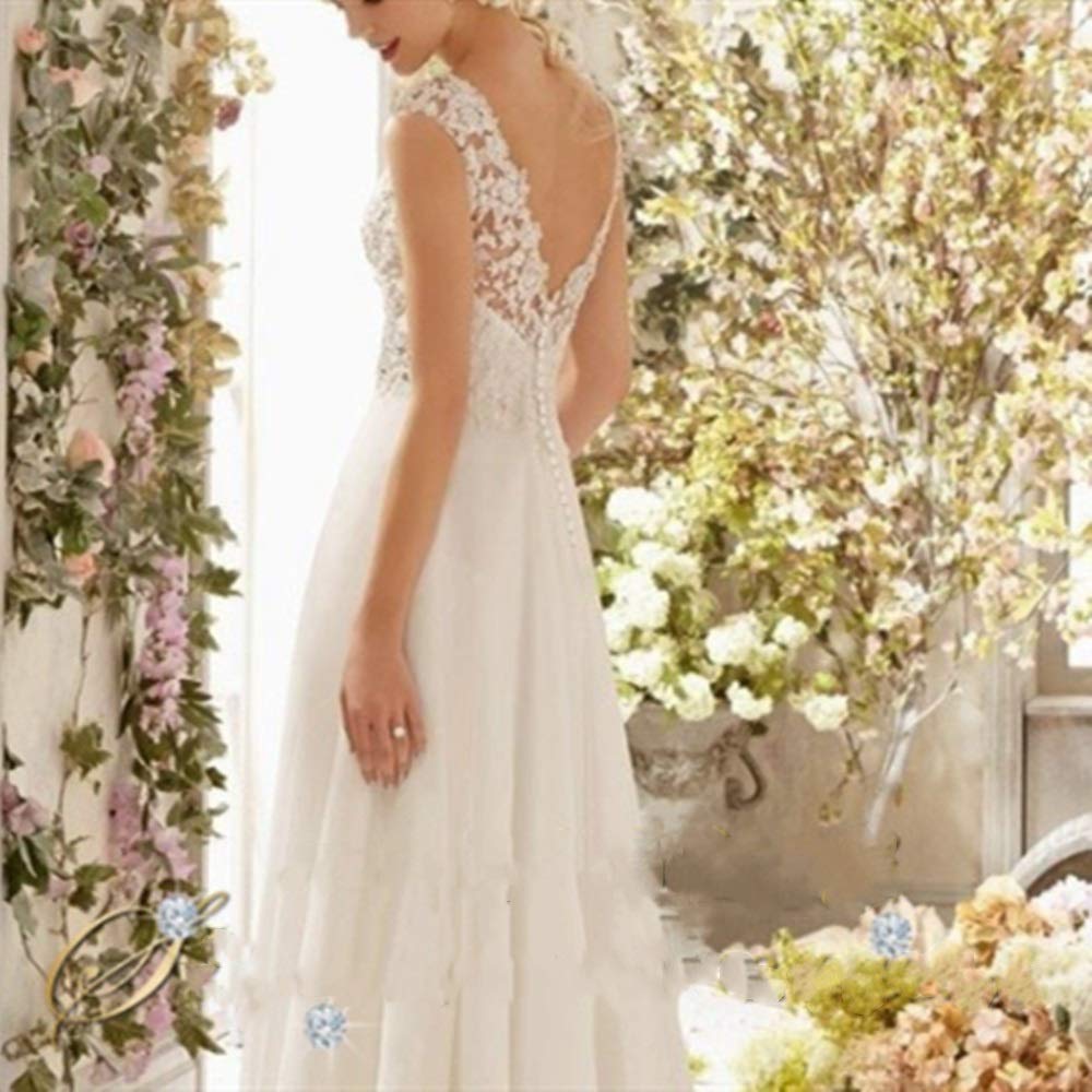Vestido de Novia Vestido de Novia Moda Vestido de Novia de Encaje de Cuello V Vestido de Novia Retro Y Elegante Vestido de Noche de Boda, Blanco, 16w