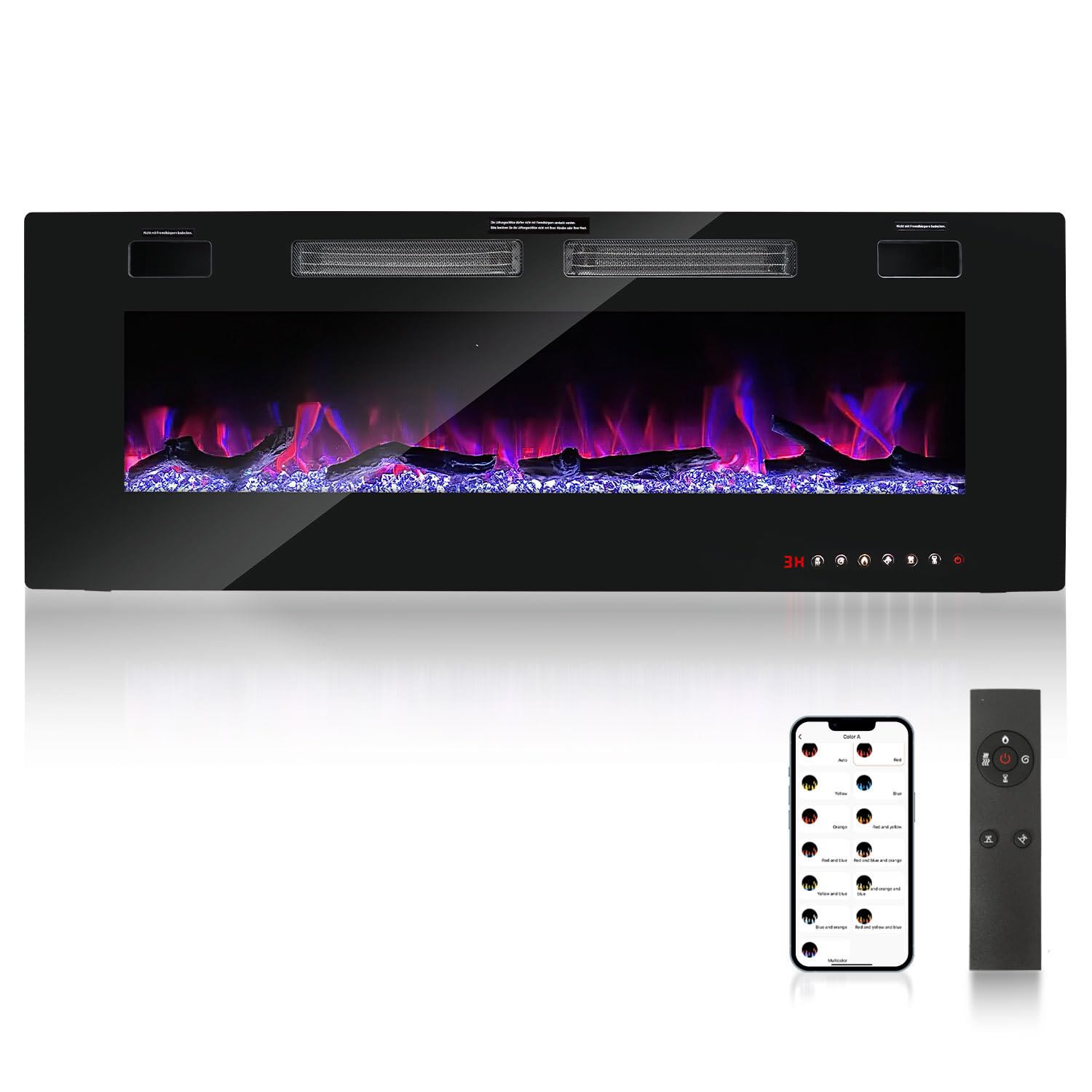 Camino elettrico da 750 W/1500 W, camino elettrico con fiamma a LED, riscaldamento a 12 colori di fiamma, camino da incasso con telecomando, camino con termostato regolabile e timer