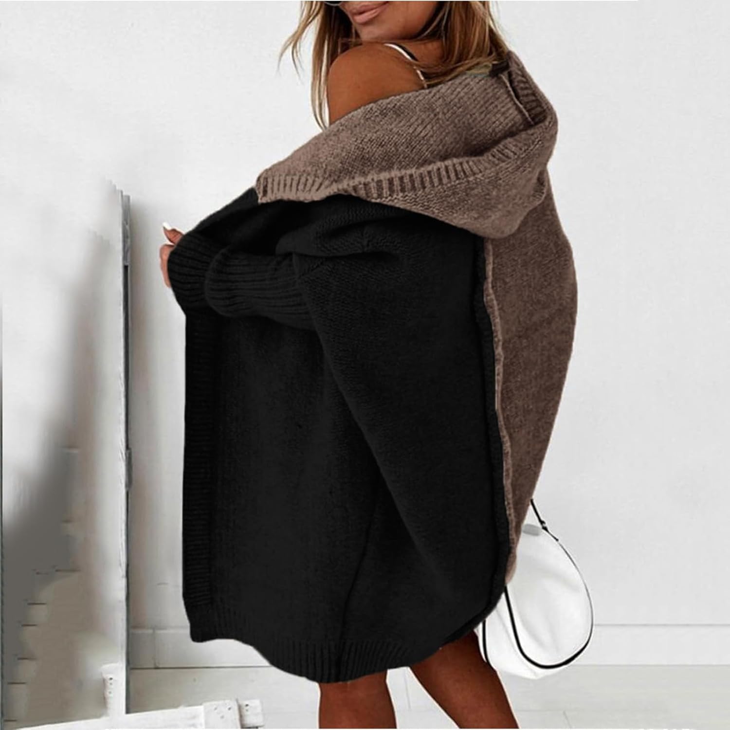 [YIXNGLNSFK] ニット カーディガン レディース ロング丈 切り替え フード付 オシャレ ゆったり シンプル 柔らか 体型