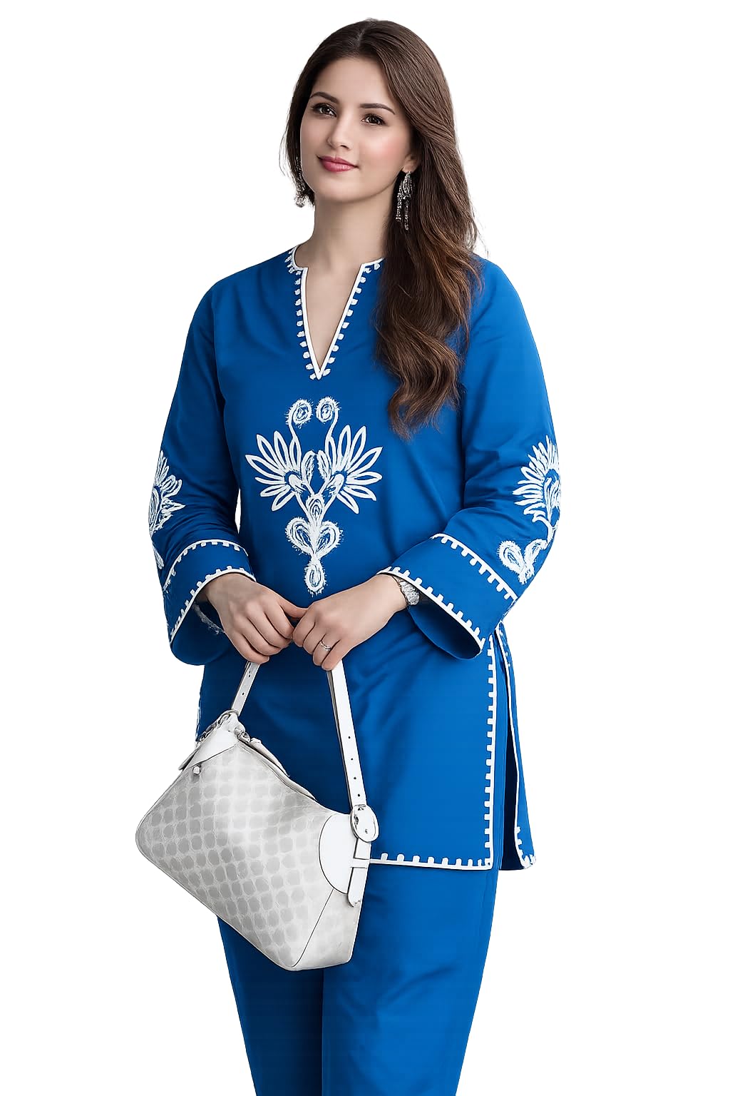 Women's Elegant Blue Embroidered Co-Ord Set with Intricate White Thread Work, V-Neck Kurta Style Top, Statement Flared Sleeves, Matching Straight Pants Wear for Festive, Casual, Party-image-20