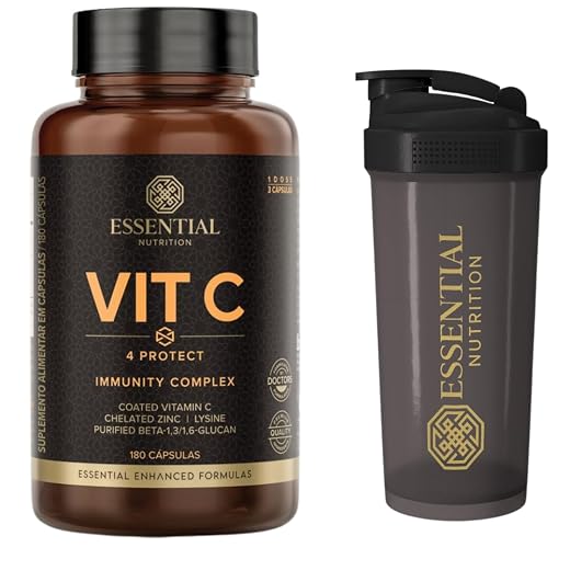 Vit C 4 Protect - Vitamina C - com Lisina e Zinco Quelado - 180 Cáps entéricas - Essential Nutrition + Coqueteleira