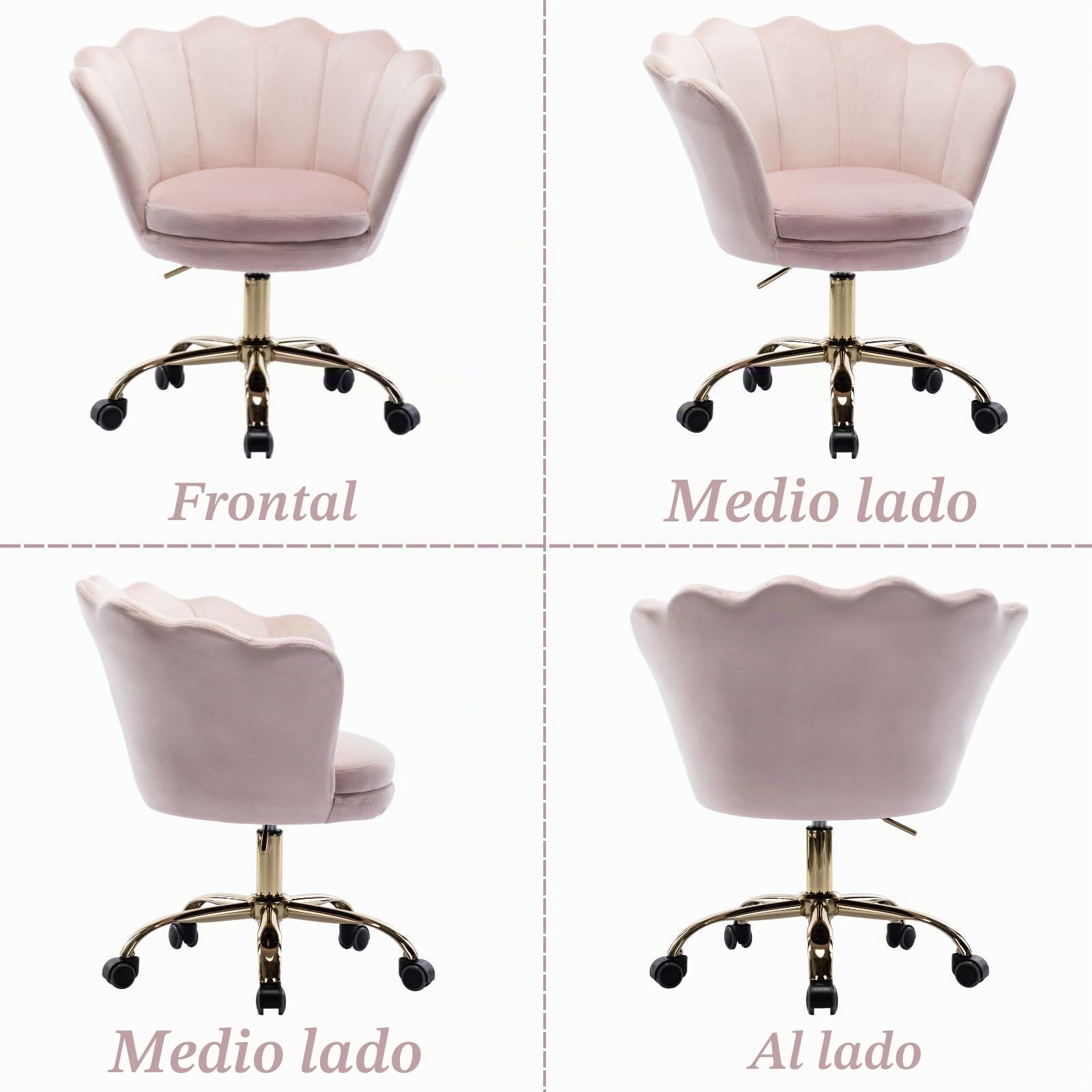 Ya-Home Silla Tocador Silla Escritorio de Terciopelo con Ruedas,Rosa Claro | Terciopelo, Giratorio, Ruedas, Altura Ajustable, 10cm Cojin Grueso, Forma de Flor, para Tocador/Dormitorio/Oficina, MAX 136KG