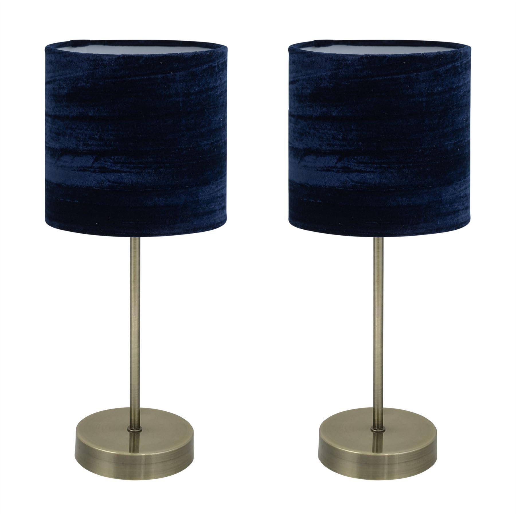 Firstchoicelighting Antique Brass & Blue Set Of 2 Antique Brass Table Lamps Or Bedside Lights, Modern, Navy Blue Crushed Velvet Shade, Height 35Cm, Led Compatible
