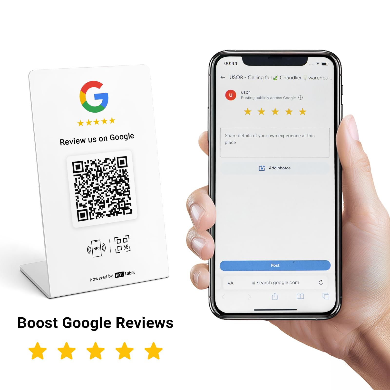 HotLabel Review Stand 1-Pack + Bonus Review Tap Card 1-Pack - White - NFC Tap & QR Code - For Business Review - Supports 2 Different Stores or Same - No App/Subscription